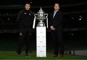 30 October 2019; Brian Gartland of Dundalk and Dundalk Head Coach Vinny Perth with the extra.ie FAI Cup during an FAI Cup Finals Media Day at the Aviva Stadium in Dublin. Photo by Harry Murphy/Sportsfile