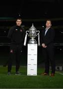 30 October 2019; Brian Gartland of Dundalk and Dundalk Head Coach Vinny Perth with the extra.ie FAI Cup during an FAI Cup Finals Media Day at the Aviva Stadium in Dublin. Photo by Harry Murphy/Sportsfile