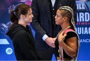 31 October 2019; Katie Taylor and Christina Linardatou following a press conference at The Stoller Hall in Manchester, England, ahead of their WBO Women's Super-Lightweight World title fight on Saturday night at the Manchester Arena. Photo by Stephen McCarthy/Sportsfile