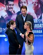 31 October 2019; Katie Taylor and Christina Linardatou, in the company of Promoter Eddie Hearn, following a press conference at The Stoller Hall in Manchester, England, ahead of their WBO Women's Super-Lightweight World title fight on Saturday night at the Manchester Arena. Photo by Stephen McCarthy/Sportsfile