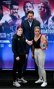 31 October 2019; Katie Taylor and Christina Linardatou, in the company of Promoter Eddie Hearn, following a press conference at The Stoller Hall in Manchester, England, ahead of their WBO Women's Super-Lightweight World title fight on Saturday night at the Manchester Arena. Photo by Stephen McCarthy/Sportsfile
