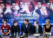 31 October 2019; Katie Taylor speaking during a press conference at The Stoller Hall in Manchester, England, ahead of her WBO Women's Super-Lightweight World title fight against Christina Linardatou, right, on Saturday night at the Manchester Arena. Also pictured are Anthony Crolla, left, promoter Eddie Hearn, centre, and Adam Smith, Head of Sky Sports Boxing. Photo by Stephen McCarthy/Sportsfile