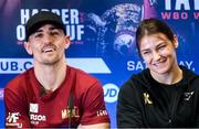 31 October 2019; Katie Taylor, right, during a press conference at The Stoller Hall in Manchester, England, ahead of her WBO Women's Super-Lightweight World title fight against Christina Linardatou on Saturday night at the Manchester Arena. Also pictured is Anthony Crolla. Photo by Stephen McCarthy/Sportsfile