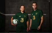 1 November 2019; Republic of Ireland captains Katie McCabe and Seamus Coleman photographed at the FAI National Training Centre in Abbotstown, Dublin, for the launch of the Republic of Ireland’s home strip for 2019/20. The new kit will be worn as the teams set their sights on qualification for the upcoming European Championships. Photo by Stephen McCarthy/Sportsfile
