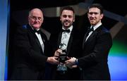 1 November 2019; Tyrone hurler Damian Casey is presented with his Champion 15 award by Uachtarán Cumann Lúthchleas Gael John Horan, left, and GPA Chairman Seamus Hickey during the PwC All-Stars 2019 at the Convention Centre in Dublin. Photo by Brendan Moran/Sportsfile