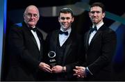 1 November 2019; Sligo hurler Gerard O'Kelly-Lynch is presented with his Champion 15 award by Uachtarán Cumann Lúthchleas Gael John Horan, left, and GPA Chairman Seamus Hickey during the PwC All-Stars 2019 at the Convention Centre in Dublin. Photo by Brendan Moran/Sportsfile