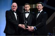 1 November 2019; Meath hurler Keith Keoghan is presented with his Champion 15 award by Uachtarán Cumann Lúthchleas Gael John Horan, left, and GPA Chairman Seamus Hickey during the PwC All-Stars 2019 at the Convention Centre in Dublin. Photo by Brendan Moran/Sportsfile