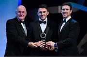 1 November 2019; Meath hurler Seán Geraghty is presented with his Champion 15 award by Uachtarán Cumann Lúthchleas Gael John Horan, left, and GPA Chairman Seamus Hickey during the PwC All-Stars 2019 at the Convention Centre in Dublin. Photo by Brendan Moran/Sportsfile
