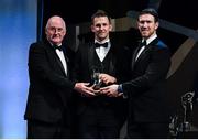 1 November 2019; Sligo hurler Keith Raymond is presented with his Nicky Rackard Cup Player of the Year award by Uachtarán Cumann Lúthchleas Gael John Horan and GPA Chairman Seamus Hickey during the PwC All-Stars 2019 at the Convention Centre in Dublin. Photo by Brendan Moran/Sportsfile