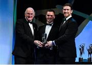 1 November 2019; Lancashire hurler Ronan Crowley is presented with his Lory Meagher Cup Player of the Year award by Uachtarán Cumann Lúthchleas Gael John Horan and GPA Chairman Seamus Hickey during the PwC All-Stars 2019 at the Convention Centre in Dublin. Photo by Brendan Moran/Sportsfile