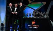 1 November 2019; Lancashire hurler Ronan Crowley is presented with his Lory Meagher Cup Player of the Year award by Uachtarán Cumann Lúthchleas Gael John Horan and GPA Chairman Seamus Hickey during the PwC All-Stars 2019 at the Convention Centre in Dublin. Photo by Brendan Moran/Sportsfile