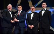 1 November 2019; Wexford hurler Lee Chin is presented with his PwC All-Star award by Uachtarán Cumann Lúthchleas Gael John Horan in the company of PwC Senior Partner Enda McDonagh and GPA Chairman Seamus Hickey during the PwC GAA GPA All-Stars 2019 at the Convention Centre in Dublin. Photo by Brendan Moran/Sportsfile