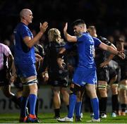 1 November 2019; Harry Byrne of Leinster celebrates with team-mate Devin Toner, left, after scoring his side's third try during the Guinness PRO14 Round 5 match between Leinster and Dragons at the RDS Arena in Dublin. Photo by Ramsey Cardy/Sportsfile