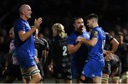 1 November 2019; Harry Byrne of Leinster celebrates with team-mates Devin Toner, left,  and Rónan Kelleher, centre, after scoring his side's third try during the Guinness PRO14 Round 5 match between Leinster and Dragons at the RDS Arena in Dublin. Photo by Ramsey Cardy/Sportsfile