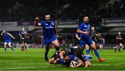 1 November 2019; Dave Kearney of Leinster scores a try for his side despite the tackle of Connor Edwards of Dragons during the Guinness PRO14 Round 5 match between Leinster and Dragons at the RDS Arena in Dublin. Photo by Eóin Noonan/Sportsfile