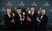 1 November 2019; Players of the year, from left, young hurler of the year Adrian Mullen, young footballer of the year Seán O'Shea, hurler of the year Séamus Callanan and footballer of the year Stephen Cluxton during the PwC All-Stars 2019 at the Convention Centre in Dublin. Photo by Seb Daly/Sportsfile
