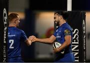 1 November 2019; James Lowe of Leinster celebrates with team-mate Conor O’Brien after scoring a try for his side during the Guinness PRO14 Round 5 match between Leinster and Dragons at the RDS Arena in Dublin. Photo by Eóin Noonan/Sportsfile