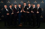 1 November 2019; Tipperary hurling manager Liam Sheedy, left, with his players, from left, Cathal Barrett, Brendan Maher, Pádraic Maher, Brian Hogan, Séamus Callanan, Ronan Maher and Noel McGrath with their PwC All Star awards PwC All-Stars 2019 at the Convention Centre in Dublin. Photo by Seb Daly/Sportsfile