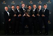 1 November 2019; Dublin football manager Jim Gavin, left, with his players, from left, Jack McCaffrey, Brian Howard, Brian Fenton, footballer of the year Stephen Cluxton, Paul Mannion, Con O'Callaghan and Michael Fitzsimons with their PwC All Star awards PwC All-Stars 2019 at the Convention Centre in Dublin. Photo by Seb Daly/Sportsfile