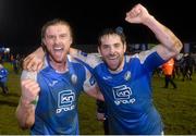 1 November 2019; Keith Cowan and Gareth Harkin of Finn Harps celebrates after the SSE Airtricity League Promotion / Relegation Play-off Final 2nd Leg between Finn Harps and Drogheda United at Finn Park in Ballybofey, Donegal. Photo by Oliver McVeigh/Sportsfile