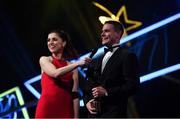 1 November 2019; Stephen Cluxton of Dublin reacts to a question of his retirement from MC Joanne Cantwell during the PwC All-Stars 2019 at the Convention Centre in Dublin. Photo by Brendan Moran/Sportsfile