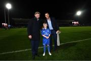 1 November 2019; Matchday mascot Dara Molloy, from Ballinteer, Dublin, with Fergus McFadden and Adam Byrne ahead of the Guinness PRO14 Round 5 match between Leinster and Dragons at the RDS Arena in Dublin. Photo by Ramsey Cardy/Sportsfile