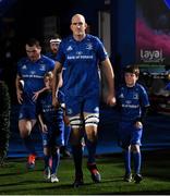 1 November 2019; Matchday mascot Dara Molloy, from Ballinteer, Dublin, and Ollie Barrett, from Donnybrook, Dublin, with Leinster captain Devin Toner ahead of the Guinness PRO14 Round 5 match between Leinster and Dragons at the RDS Arena in Dublin. Photo by Ramsey Cardy/Sportsfile