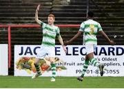 2 November 2019; Darragh Nugent of Shamrock Rovers, left, celebrates after scoring his side's third goal with Eric Abulu during the SSE Airtricity Enda McGuill Cup Final match between Bohemians and Shamrock Rovers at Dalymount Park in Dublin. Photo by Harry Murphy/Sportsfile