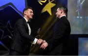 1 November 2019; Dublin footballer Stephen Cluxton is presented with his Footballer of the Year Award by GPA CEO Paul Flynn at the during the PwC All-Stars 2019 at the Convention Centre in Dublin. Photo by Brendan Moran/Sportsfile
