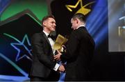 1 November 2019; Dublin footballer Stephen Cluxton is presented with his Footballer of the Year Award by GPA CEO Paul Flynn at the during the PwC All-Stars 2019 at the Convention Centre in Dublin. Photo by Brendan Moran/Sportsfile