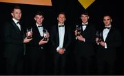 1 November 2019; Champion 15 award winners, from left, Sligo hurler Keith Raymond with his Nicky Rackard Cup Player of the Year award, Meath hurler Jack Regan with his Christy Ring Cup Player of the Year award, GPA CEO Paul Flynn, , Laois hurler Paddy Purcell with his Joe McDonagh Cup Player of the Year award, and Lancashire hurler Ronan Crowley with his Lory Meagher Cup Player of the Year award, during the PwC All-Stars 2019 at the Convention Centre in Dublin. Photo by Brendan Moran/Sportsfile