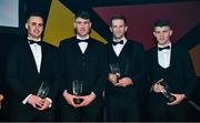1 November 2019; Champion 15 award winners, from left, Lancashire hurler Ronan Crowley with his Lory Meagher Cup Player of the Year award, Laois hurler Paddy Purcell with his Joe McDonagh Cup Player of the Year award, Sligo hurler Keith Raymond with his Nicky Rackard Cup Player of the Year award and Meath hurler Jack Regan with his Christy Ring Cup Player of the Year award, during the PwC All-Stars 2019 at the Convention Centre in Dublin. Photo by Brendan Moran/Sportsfile