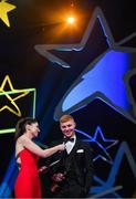 1 November 2019; Kilkenny hurler and Young Hurler of the Year Adrian Mullen is interviewed by MC Joanne Cantwell during the PwC All-Stars 2019 at the Convention Centre in Dublin. Photo by Brendan Moran/Sportsfile