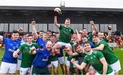 2 November 2019; Ireland captain Shane Conway is held aloft by his team-mates as they celebrate after the U21 Hurling Shinty International 2019 match between Ireland and Scotland at the GAA National Games Development Centre in Abbotstown, Dublin. Photo by Piaras Ó Mídheach/Sportsfile