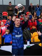 2 November 2019; Scotland captain Stuart MacDonald lifts the cup after the Senior Hurling Shinty International 2019 match between Ireland and Scotland at the GAA National Games Development Centre in Abbotstown, Dublin. Photo by Piaras Ó Mídheach/Sportsfile