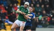 2 November 2019; Ryan Mullaney of Ireland in action against Michael Russell of Scotland during the Senior Hurling Shinty International 2019 match between Ireland and Scotland at the GAA National Games Development Centre in Abbotstown, Dublin. Photo by Piaras Ó Mídheach/Sportsfile