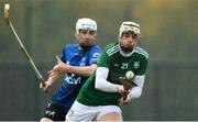 2 November 2019; Shane Nolan of Ireland in action against Rory Kennedy of Scotland during the Senior Hurling Shinty International 2019 match between Ireland and Scotland at the GAA National Games Development Centre in Abbotstown, Dublin. Photo by Piaras Ó Mídheach/Sportsfile