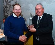 2 November 2019; Brian Tracey of Naomh Eoin GAA, Carlow, and Ireland, is presented with his Best and Fairest Award by Keith Loardes, President of the Camanachd Association, at the Hurling Shinty International 2019 Banquet at Castleknock Hotel in Dublin. Photo by Seb Daly/Sportsfile