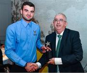 2 November 2019; Blair Morrison of Caberfeidh Shinty Club, and Scotland, is presented with his Best and Fairest award by Jimmy O'Dwyer, Chairman of the Hurling Development Committee, speaking at the Hurling Shinty International 2019 Banquet at Castleknock Hotel in Dublin. Photo by Seb Daly/Sportsfile