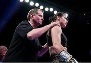 2 November 2019; Katie Taylor with manager Brian Peters prior to her WBO Women's Super-Lightweight World title fight against Christina Linardatou at the Manchester Arena in Manchester, England. Photo by Stephen McCarthy/Sportsfile