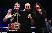 2 November 2019; Katie Taylor, left, celebrates with her trainer Ross Enamait and her mother Bridget following her WBO Women's Super-Lightweight World title fight against Christina Linardatou at the Manchester Arena in Manchester, England. Photo by Stephen McCarthy/Sportsfile