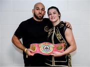 2 November 2019; Katie Taylor, right, with trainer Ross Enamait following her WBO Women's Super-Lightweight World title fight against Christina Linardatou at the Manchester Arena in Manchester, England. Photo by Stephen McCarthy/Sportsfile