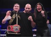 2 November 2019; Katie Taylor with her mother Bridget and trainer Ross Enamait following her WBO Women's Super-Lightweight World title fight against Christina Linardatou at the Manchester Arena in Manchester, England. Photo by Stephen McCarthy/Sportsfile