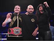 2 November 2019; Katie Taylor with her mother Bridget and trainer Ross Enamait following her WBO Women's Super-Lightweight World title fight against Christina Linardatou at the Manchester Arena in Manchester, England. Photo by Stephen McCarthy/Sportsfile