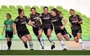 3 November 2019; Lauren Kelly of Wexford Youths, second from right, celebrates with team-mates after scoring her side's second goal during the Só Hotels FAI Women's Cup Final between Wexford Youths and Peamount United at the Aviva Stadium in Dublin. Photo by Ben McShane/Sportsfile