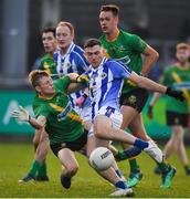 3 November 2019; Colm Basquel of Ballyboden St Enda's has a shot on goal despite the best efforts of Adam Fallon of Thomas Davis during the Dublin County Senior Club Football Championship Final match between Thomas Davis and Ballyboden St Enda's at Parnell Park in Dublin. Photo by Brendan Moran/Sportsfile