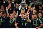 3 November 2019; Shamrock Rovers captain Ronan Finn, centre, lifts the cup as team-mates celebrate the FAI Challenge Cup following the extra.ie FAI Cup Final between Dundalk and Shamrock Rovers at the Aviva Stadium in Dublin. Photo by Seb Daly/Sportsfile