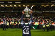 3 November 2019; Thomas Oluwa of Shamrock Rovers lifts the cup in front of supporters after the extra.ie FAI Cup Final between Dundalk and Shamrock Rovers at the Aviva Stadium in Dublin. Photo by Stephen McCarthy/Sportsfile