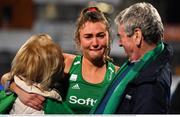 3 November 2019; Deirdre Duke of Ireland celebrates with her parents Greta and Brendan after qualifying for the Tokyo2020 Olympic Games after the FIH Women's Olympic Qualifier match between Ireland and Canada at Energia Park in Dublin. Photo by Brendan Moran/Sportsfile