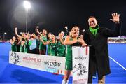 3 November 2019; An Taoiseach Leo Varadkar, T.D celebrates with Ireland captain Katie Mullan and the Ireland team after they qualified for the Tokyo2020 Olympic Games  after the FIH Women's Olympic Qualifier match between Ireland and Canada at Energia Park in Dublin. Photo by Brendan Moran/Sportsfile